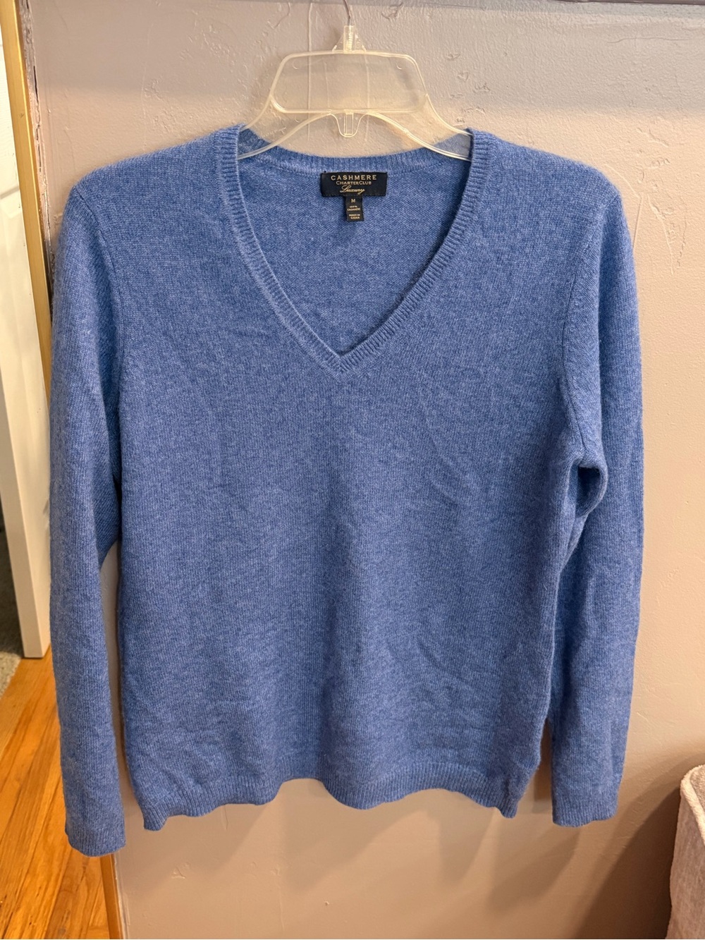 Charter Club Luxury 100% Cashmere Heather Blue V-Neck Long Sleeve Sweater